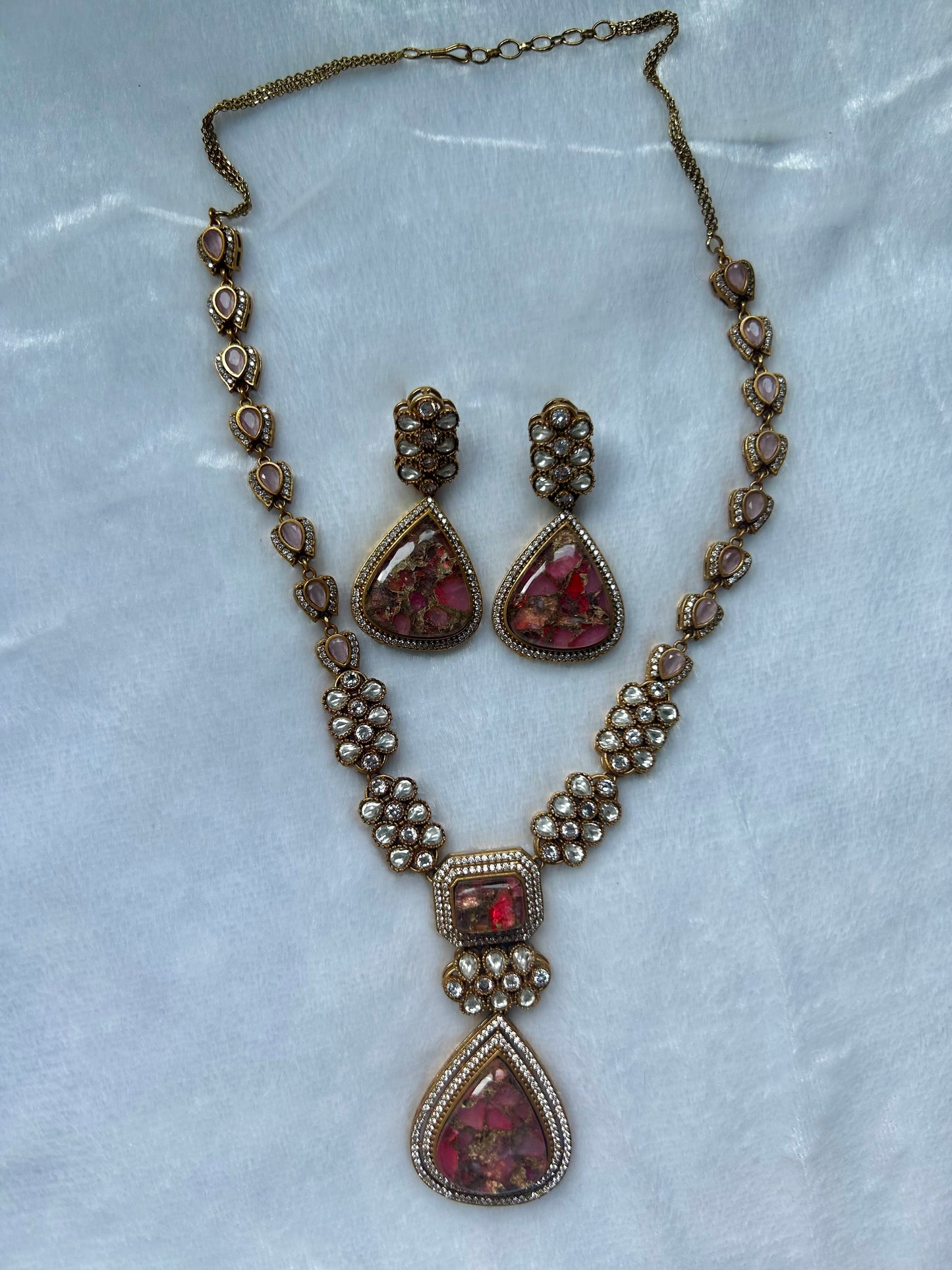 Pink Moissanite Kundan Long Necklace Set