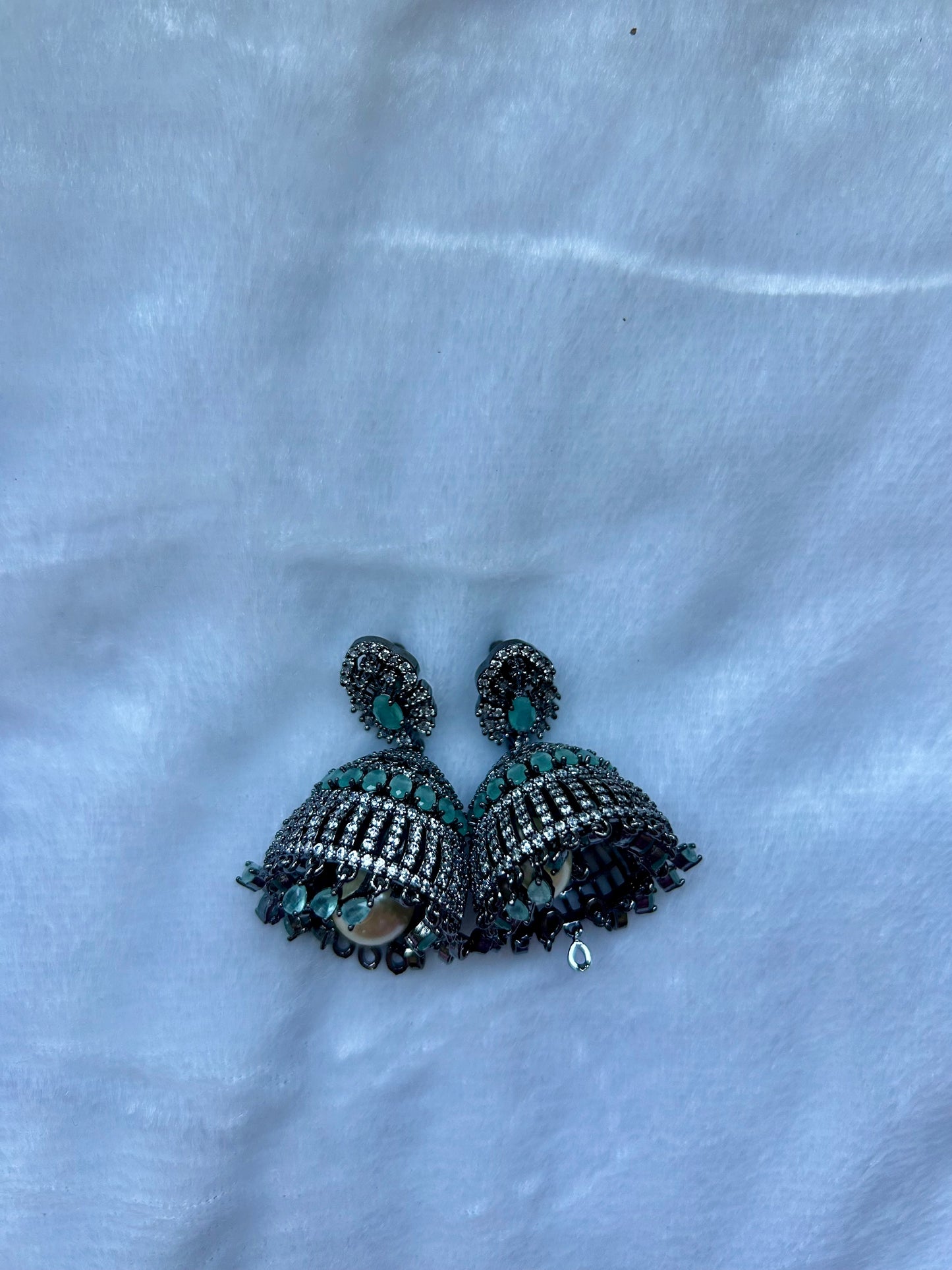 AD Oxidized Mint Jhumka Earrings