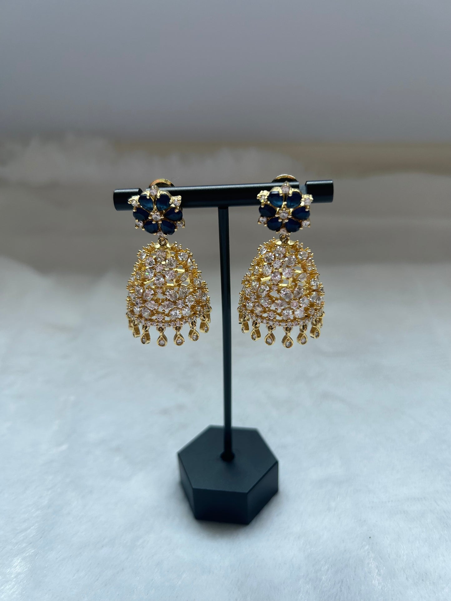AD Navy Blue & Gold Jhumki Earrings