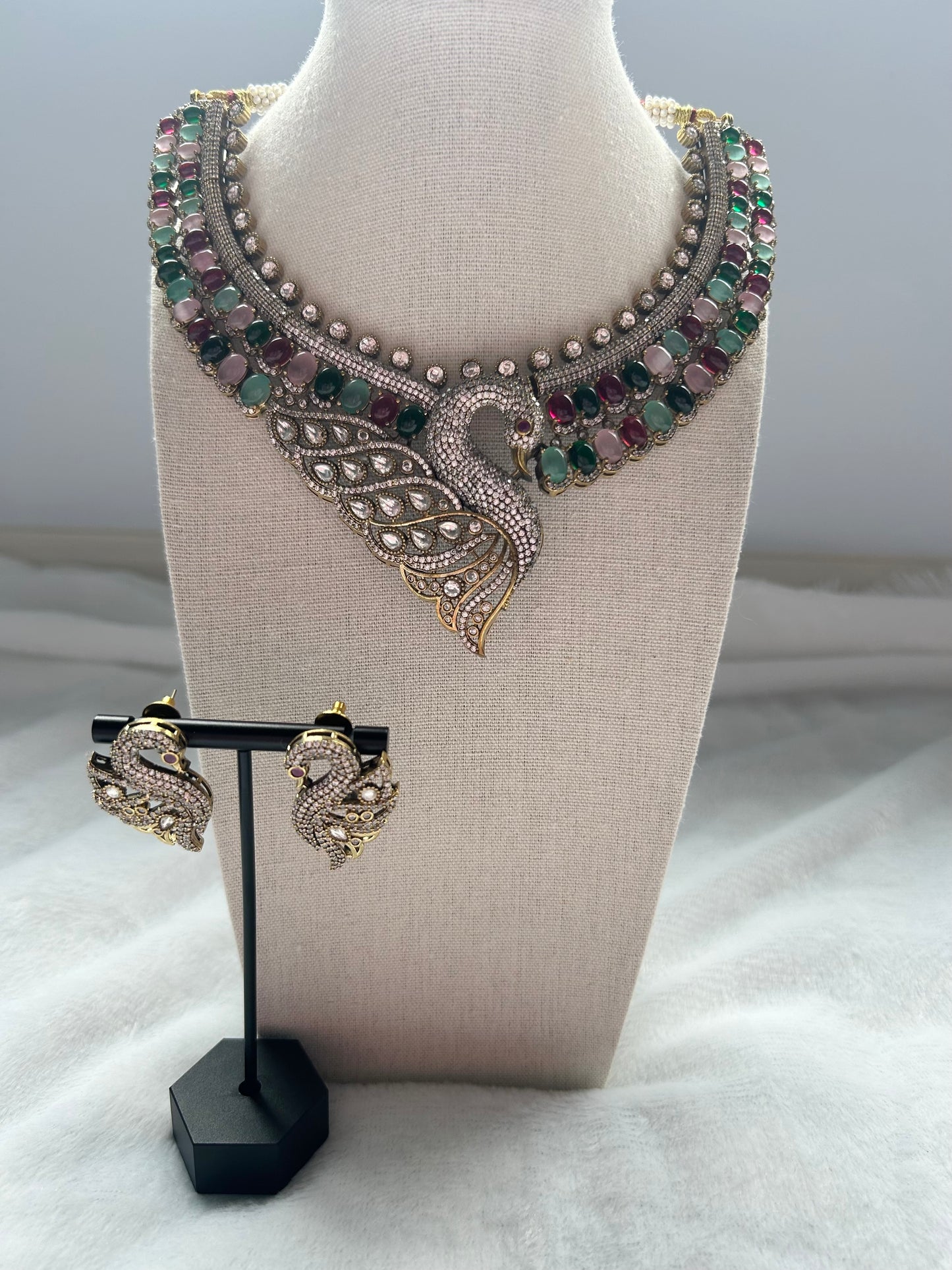 Multi Moissanite Kundan Peacock Necklace Set