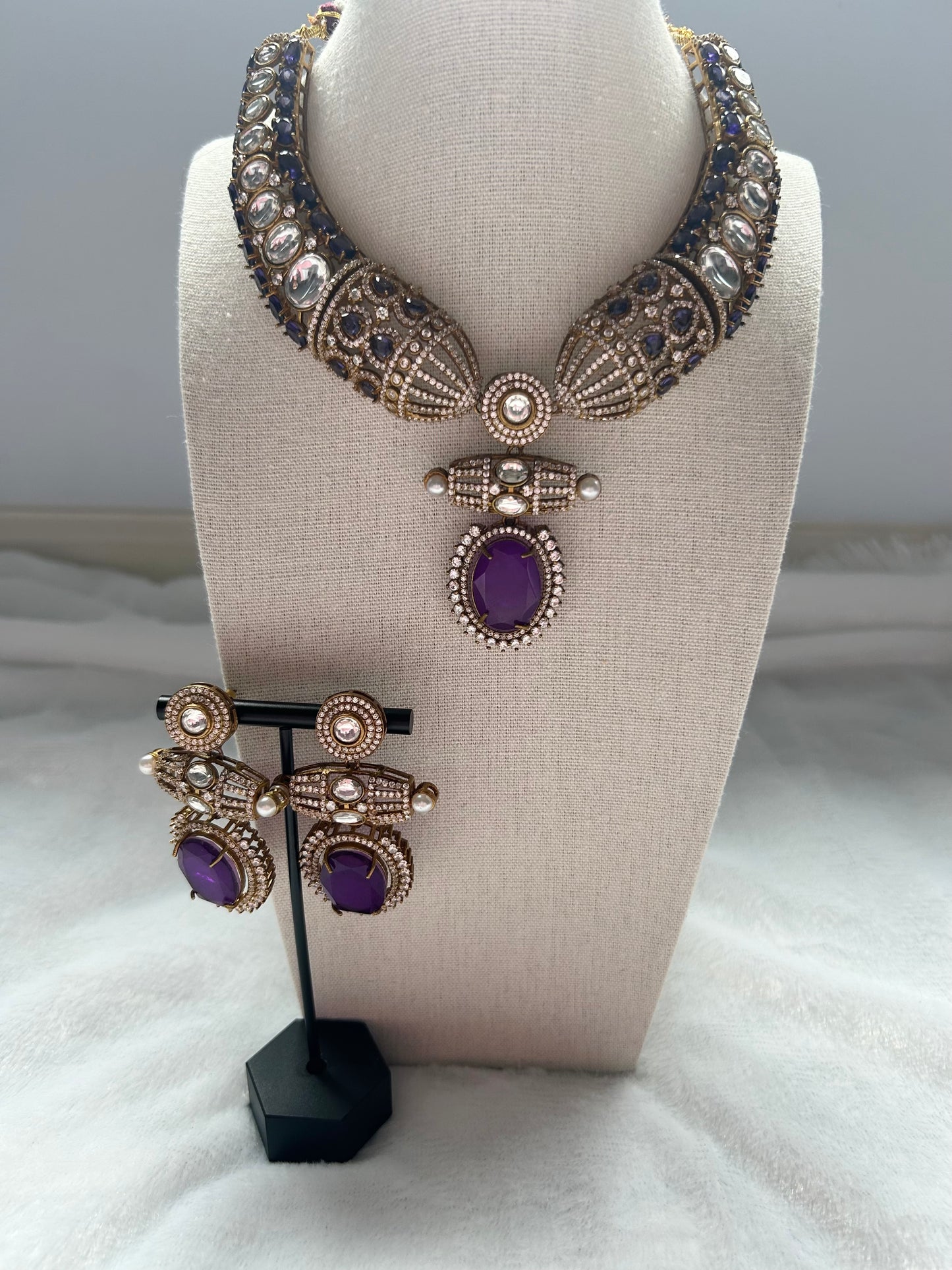 Purple Moissanite Kundan & Doublet Necklace Set