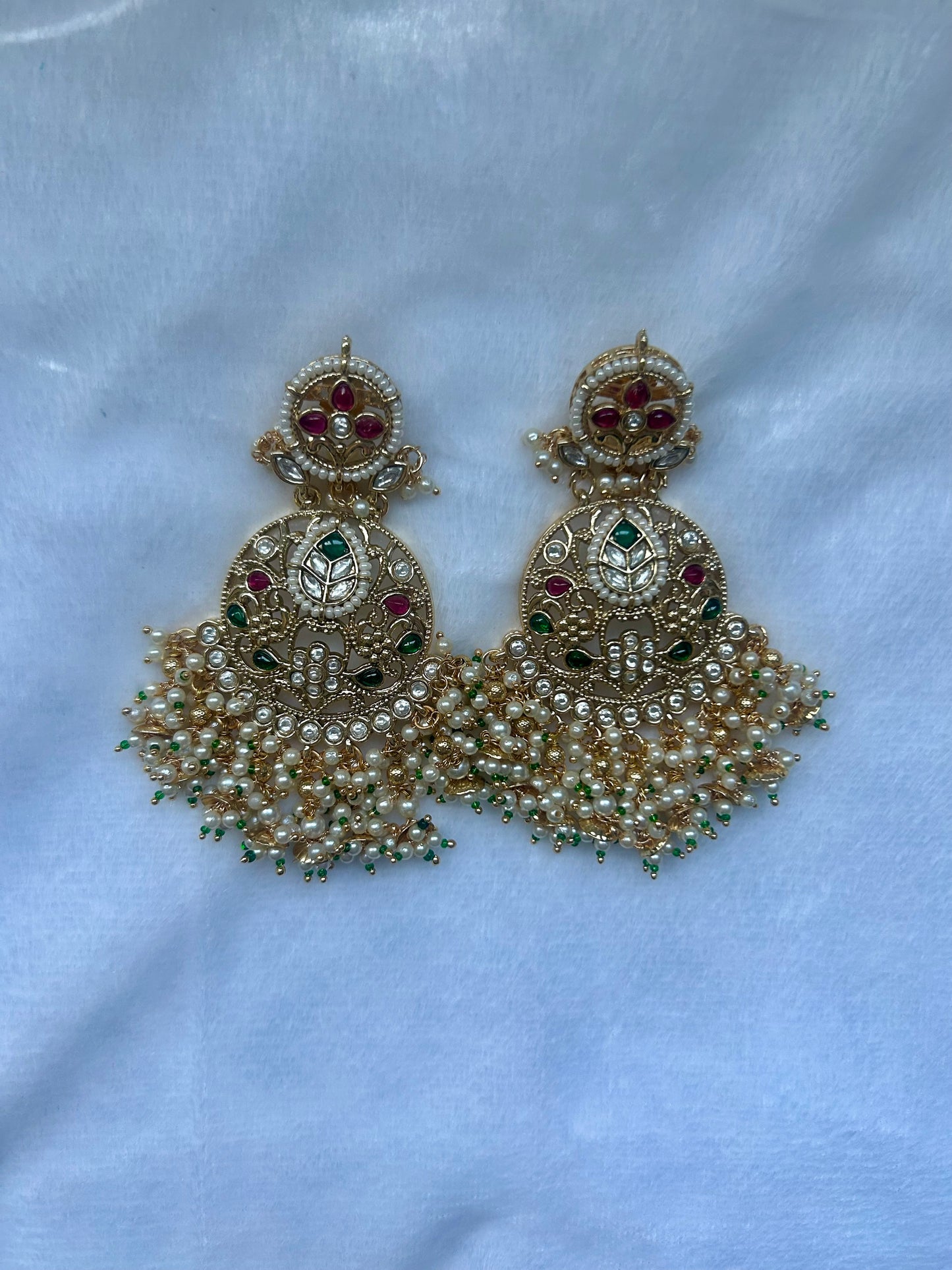 Oversized Emerald Green & Red Kundan Earrings