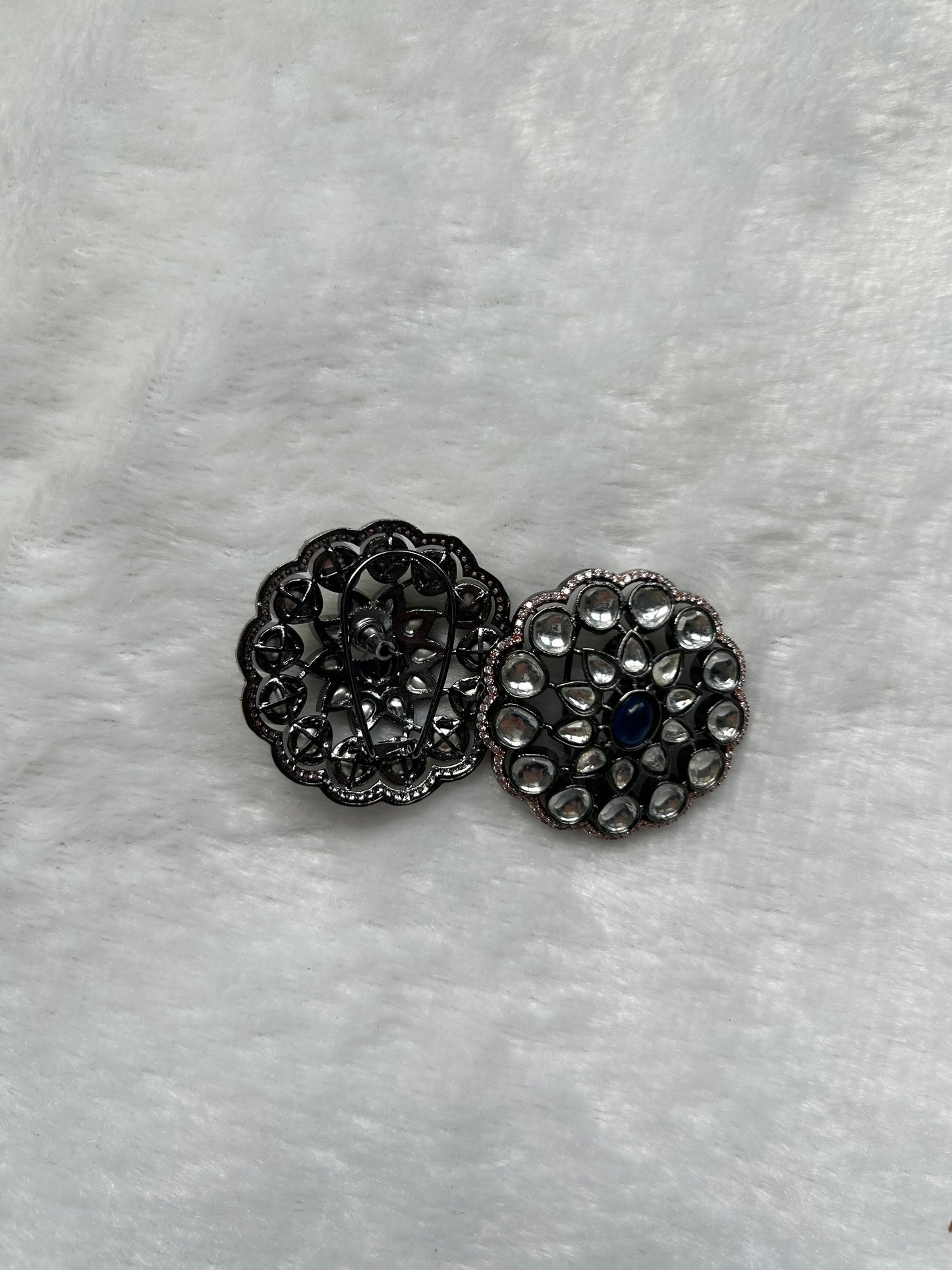 Oxidized Navy Blue Uncut Kundan Studs