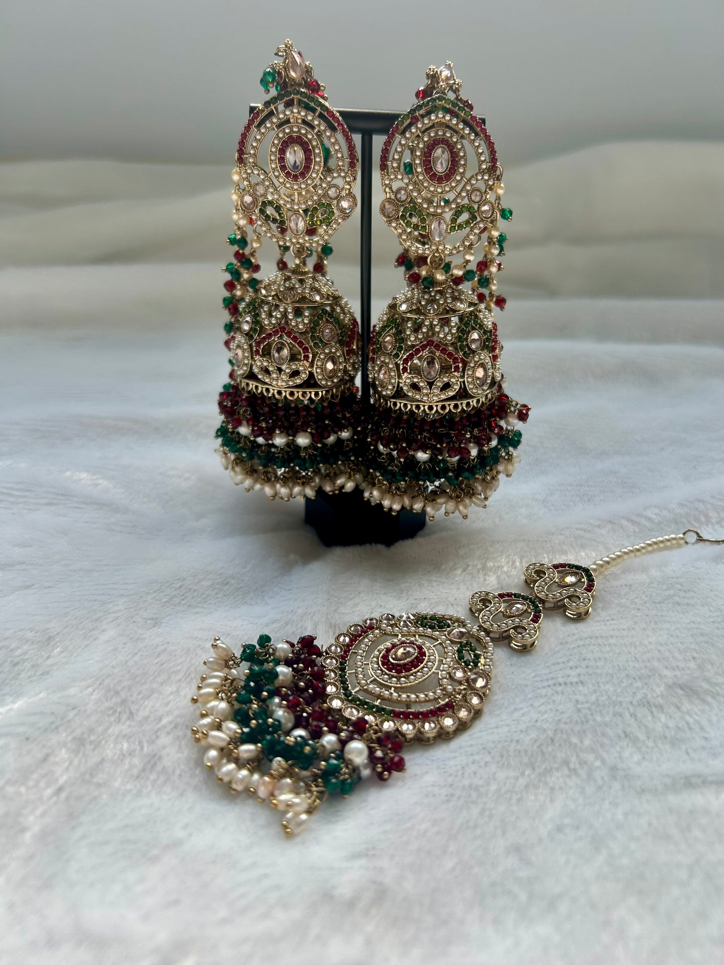 Red & Green Polki Sahara Jhumki Tikka Set