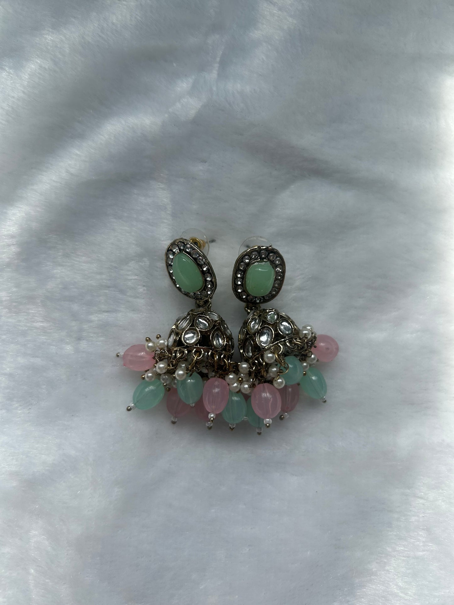 Mint & Pink Kundan Jhumki Earrings