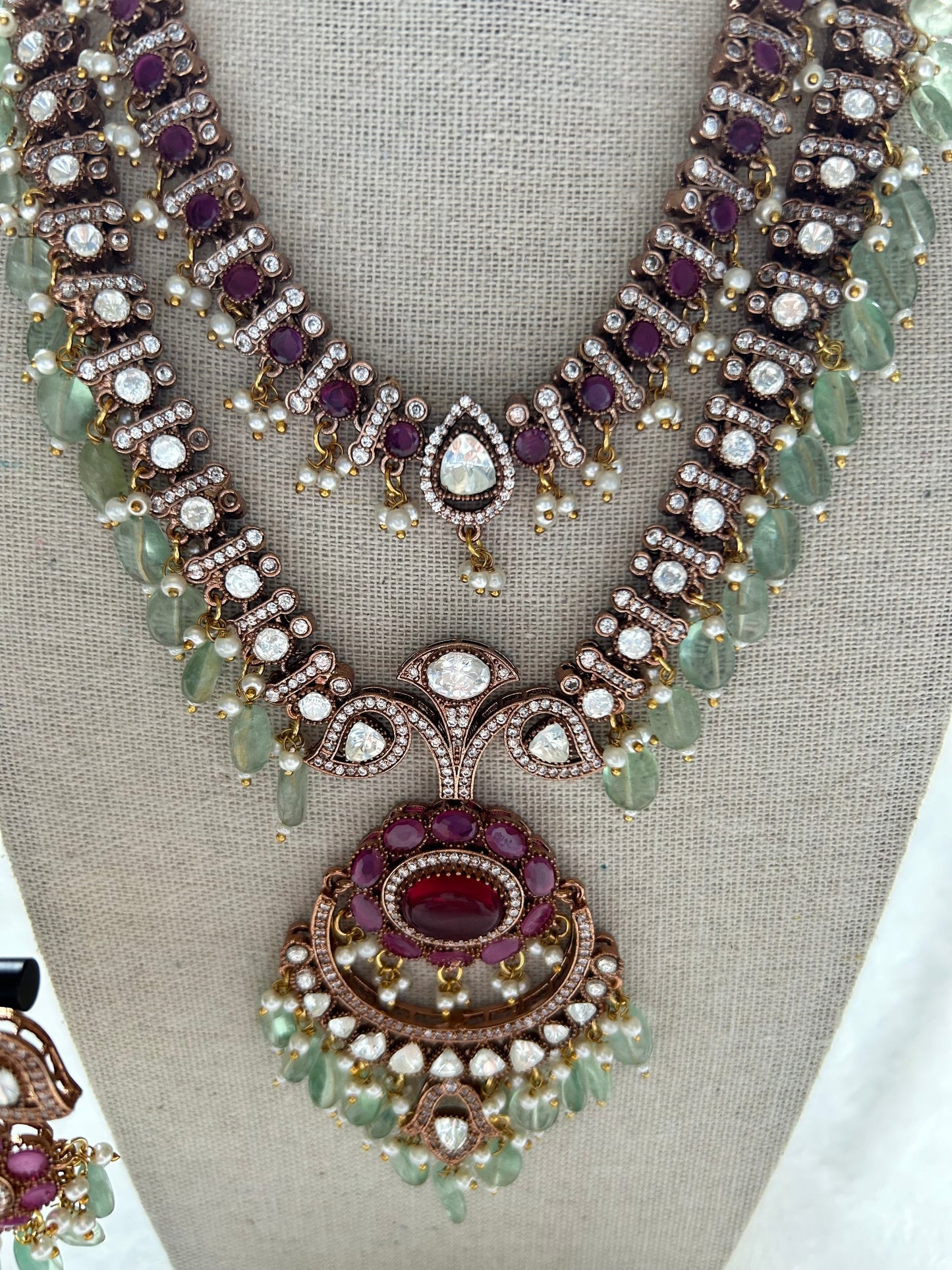 Pink & Mint Double Layered Mossiante Kundan Necklace Set