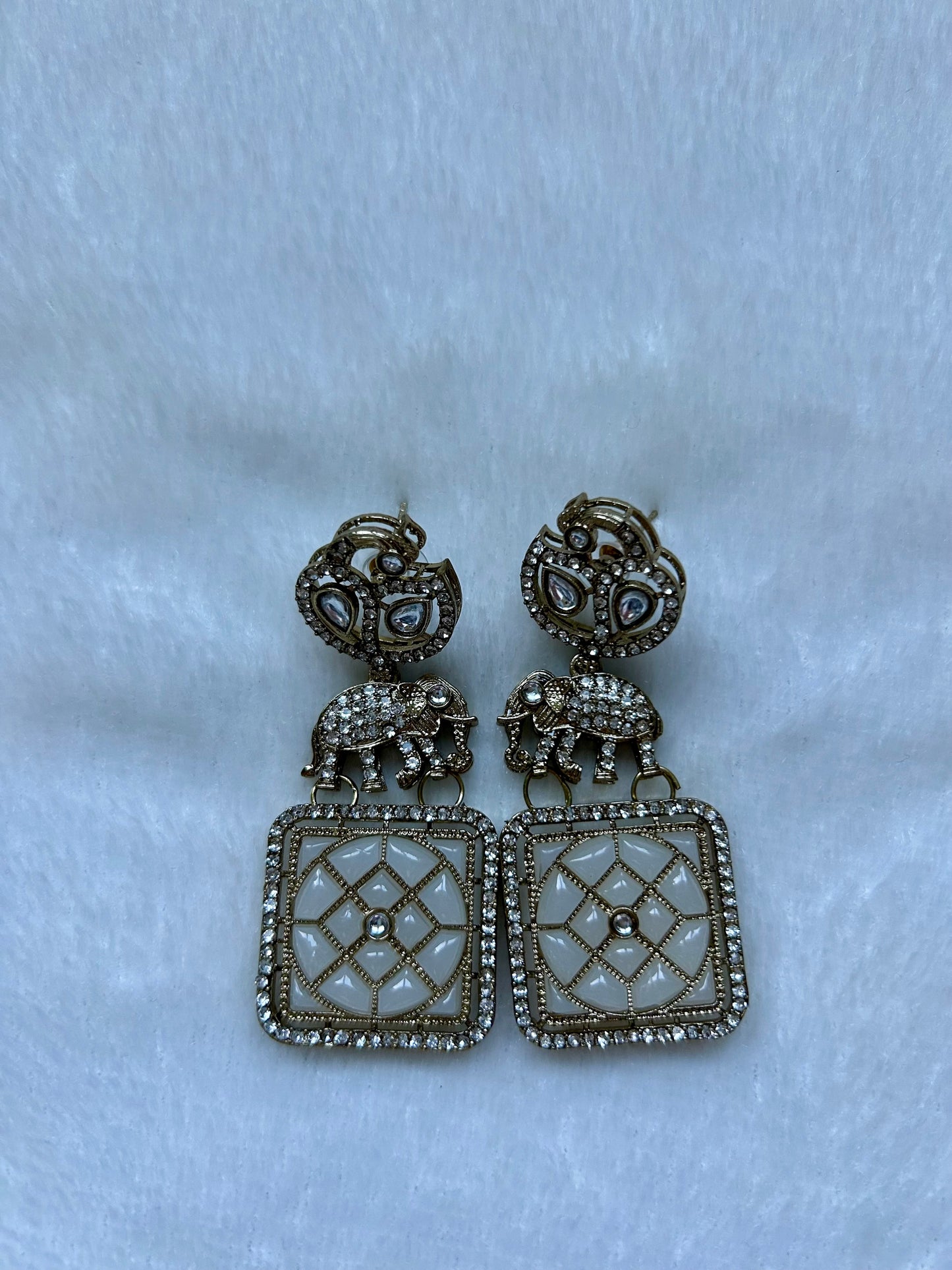 White Polki Elephant Earrings