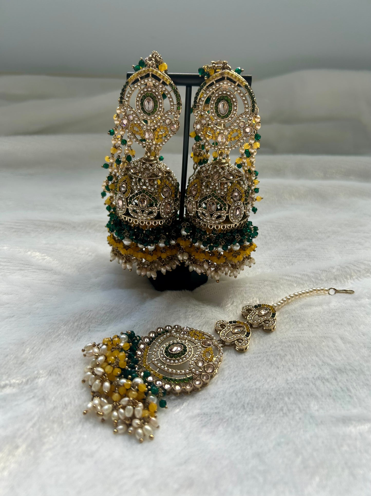 Yellow & Green Polki Sahara Jhumki Tikka Set
