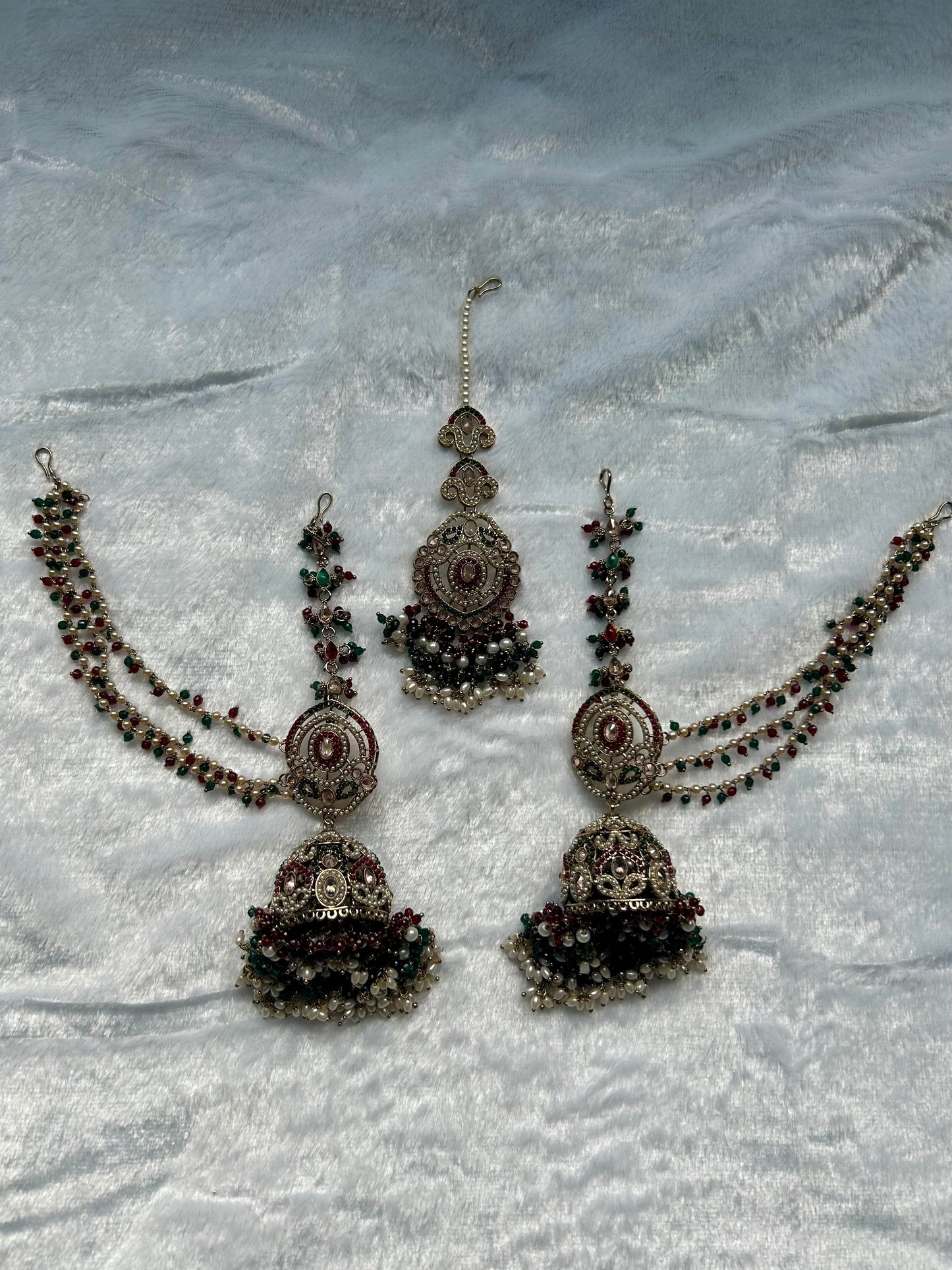 Red & Green Polki Sahara Jhumki Tikka Set