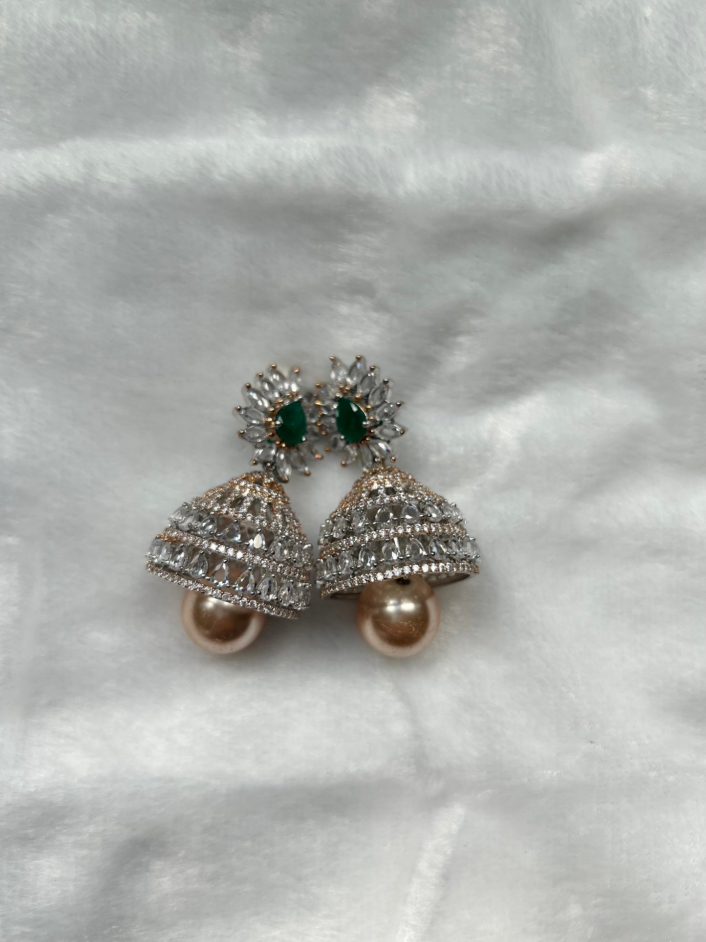AD Emerald Green & Rose Gold Jhumki Earrings