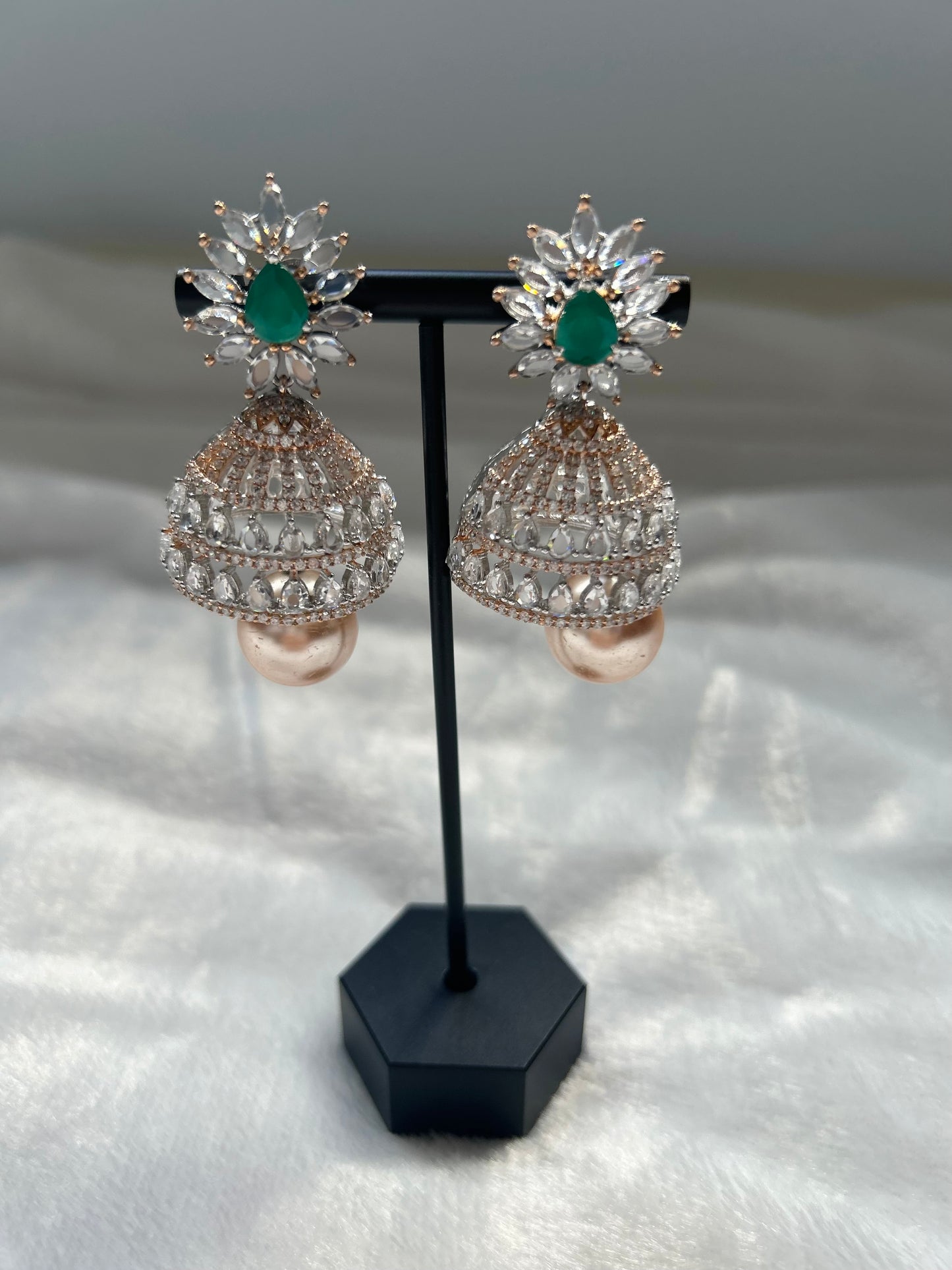 AD Emerald Green & Rose Gold Jhumki Earrings