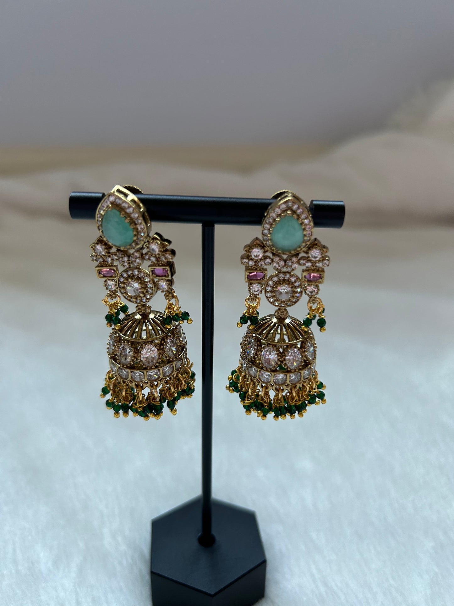 Kemp Stone & AD Mint Jhumki Earrings