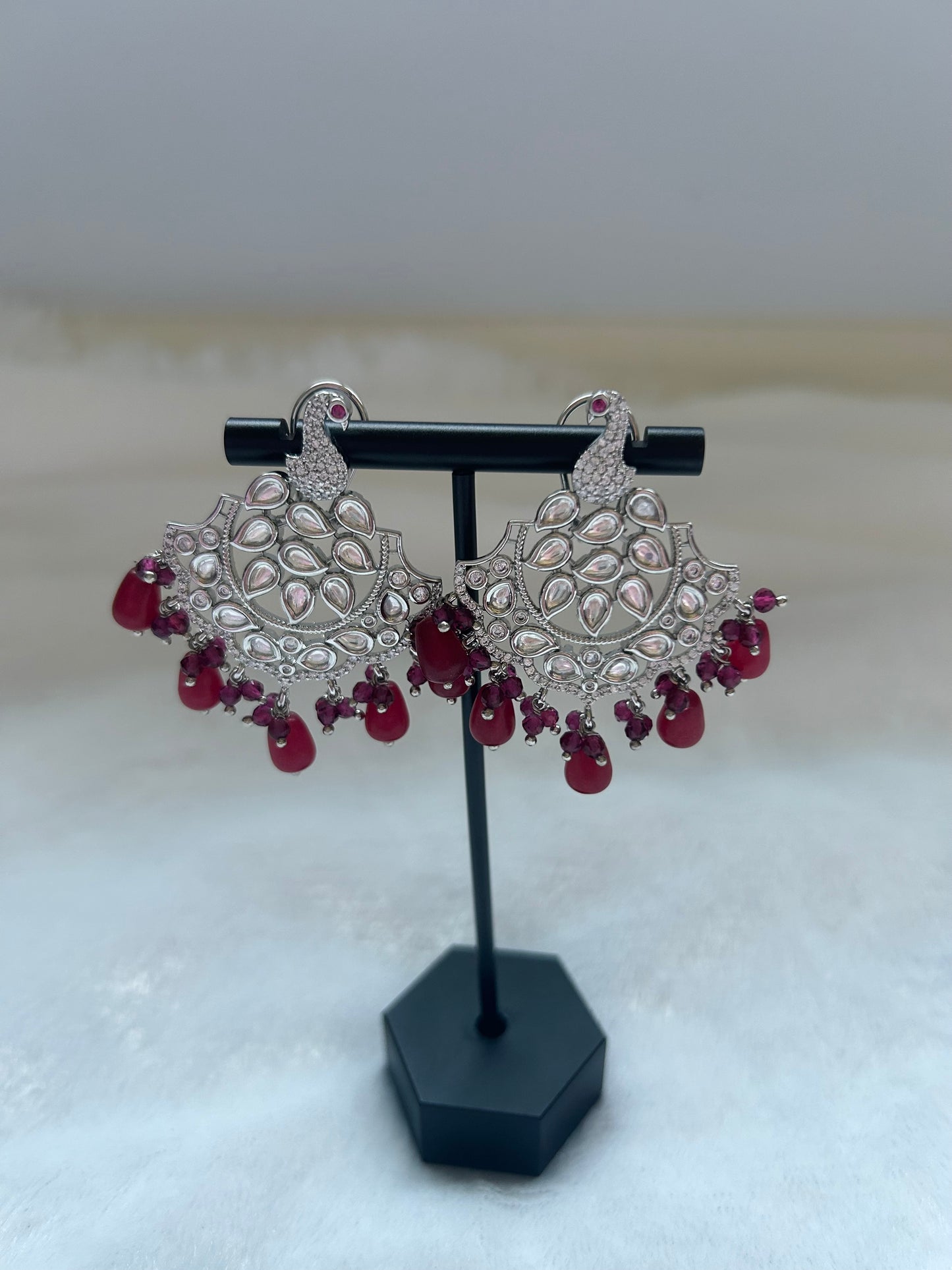 Maroon & Silver Uncut Kundan & AD Studs