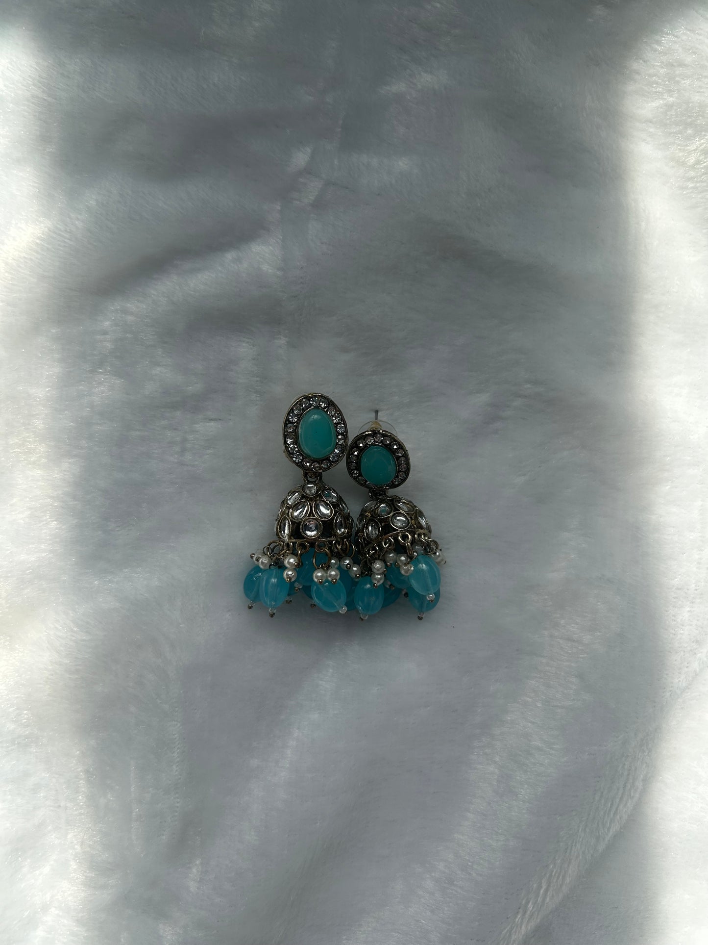 Ferozi Blue Kundan Jhumki Earrings