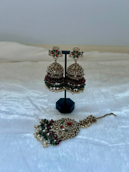 Emerald Green & Red Polki Tikka Set