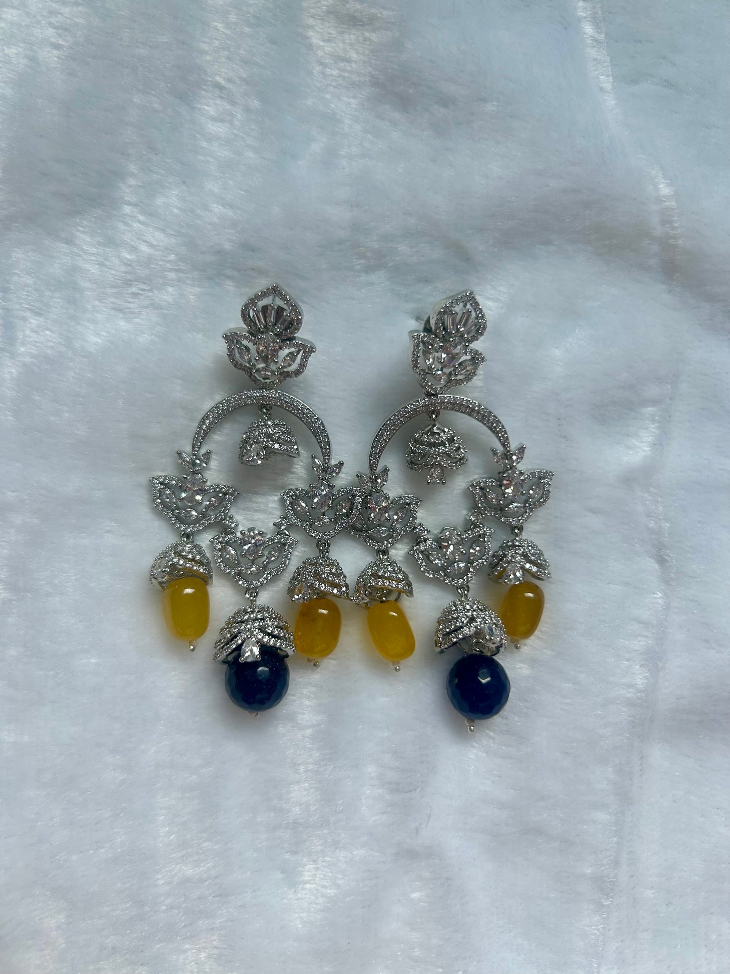 Yellow & Dark Blue Chandbali Earrings