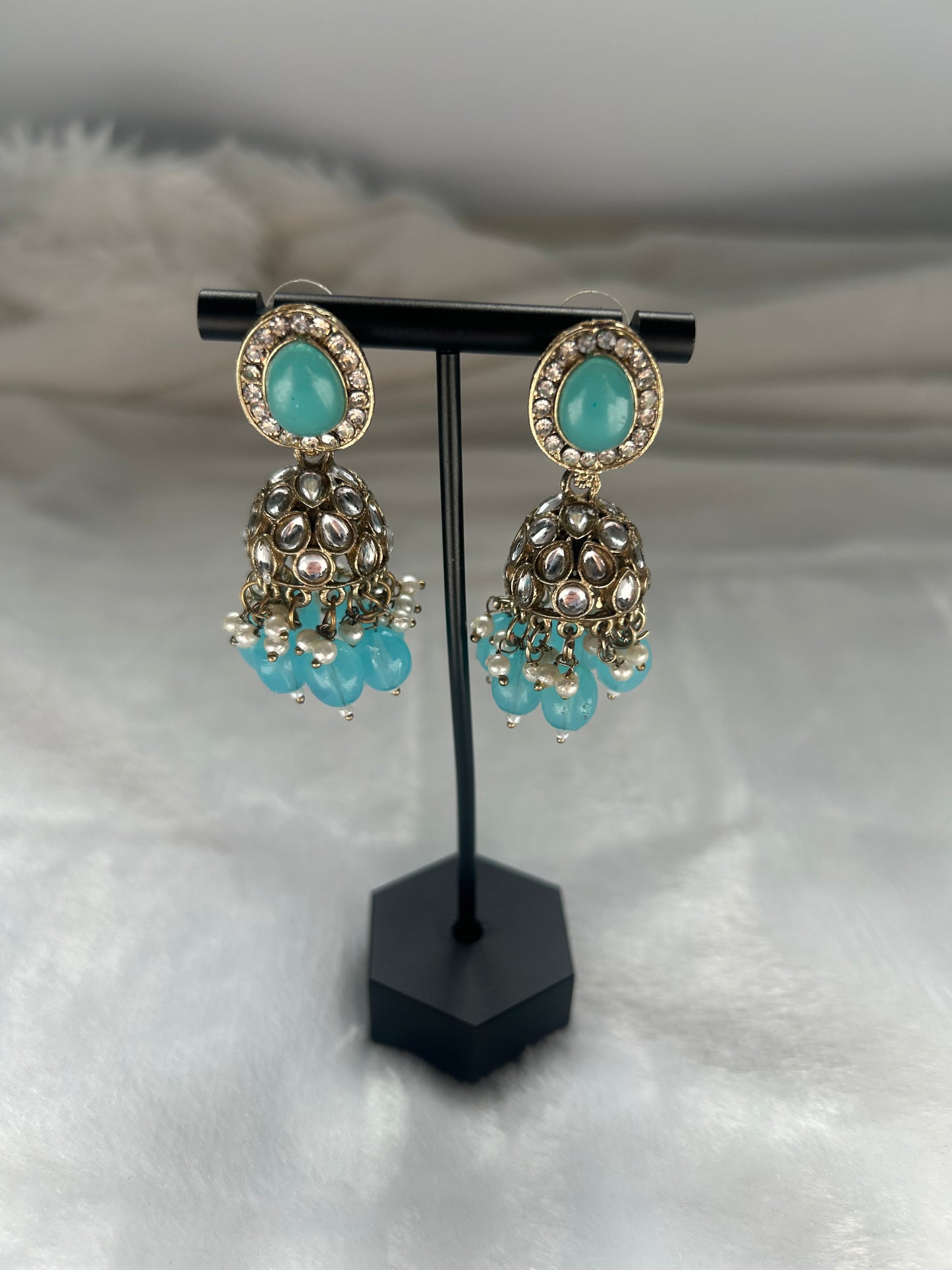 Ferozi Blue Kundan Jhumki Earrings