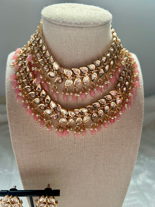 Pink Tyaani Kundan Double Layer Necklace Set