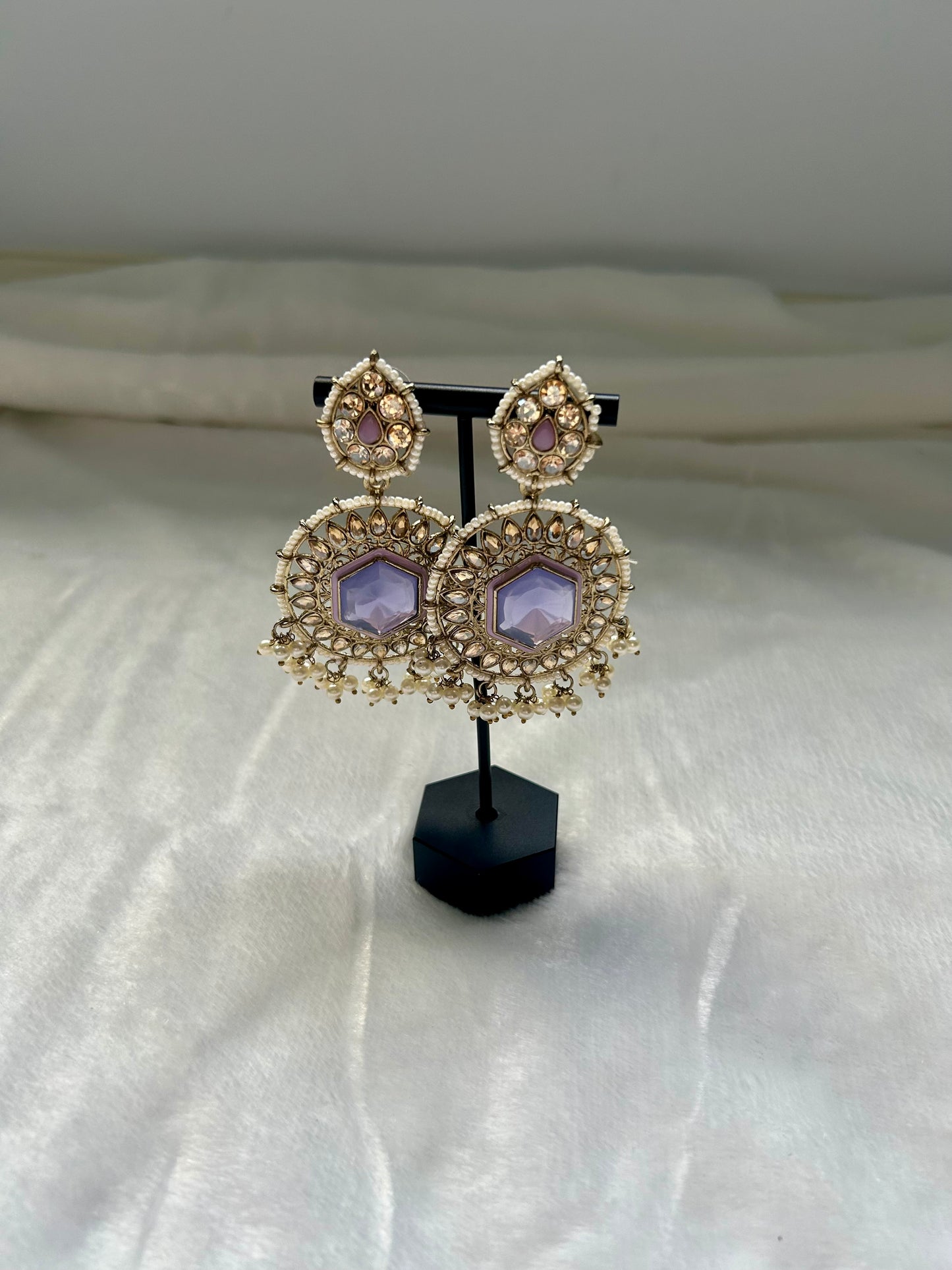 Purple & White Kundan Earrings