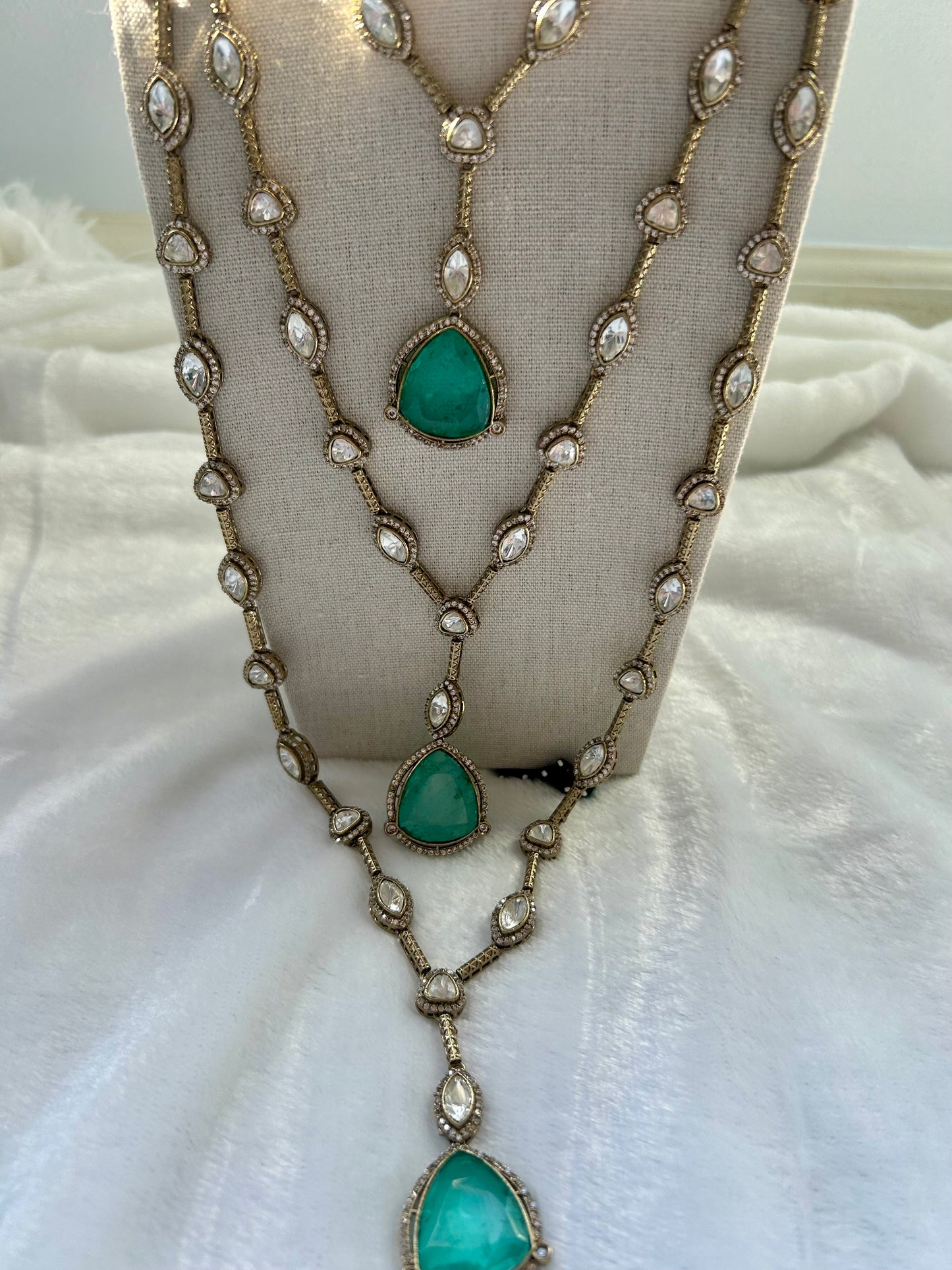 3 Layered Sea Green Doublet & Moissanite Necklace Set