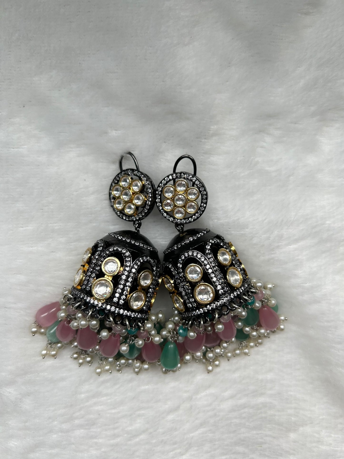 Oversized Mint & Pink Jhumki Earrings