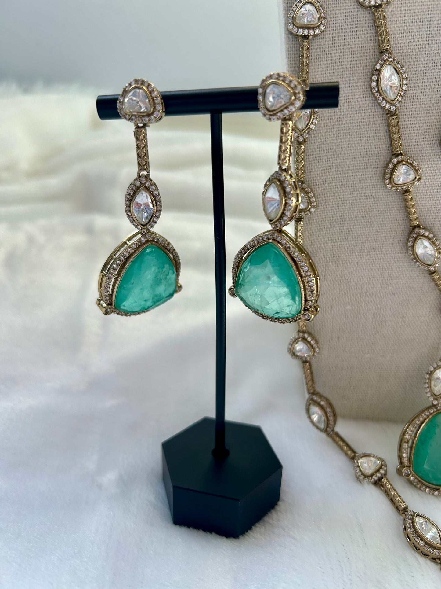 3 Layered Sea Green Doublet & Moissanite Necklace Set