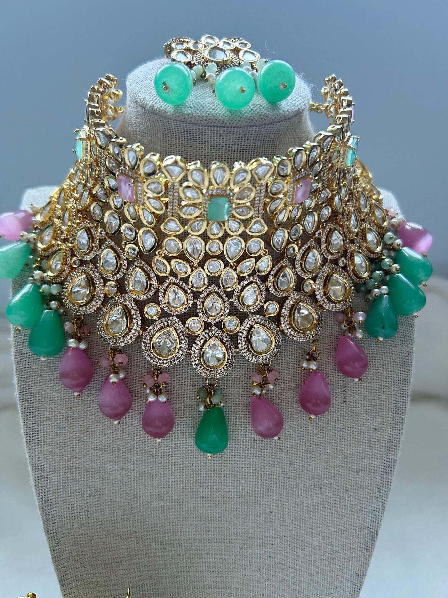 Tyaani Kundan Mint & Pink Bridal Set