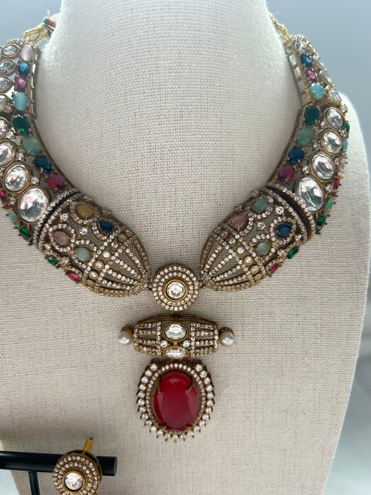 SAMPLE SALE Red Moissanite Kundan & Doublet Necklace Set