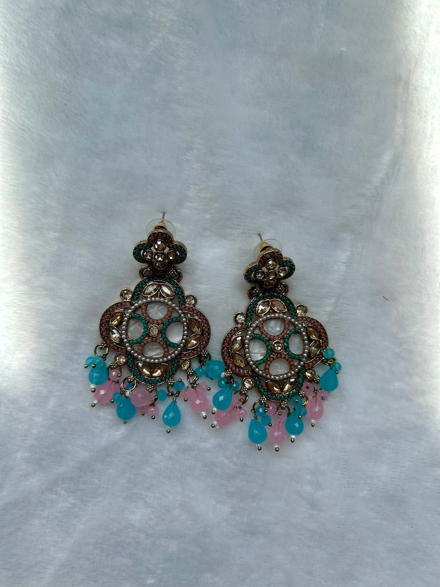 Light Pink & Blue Polki Earrings