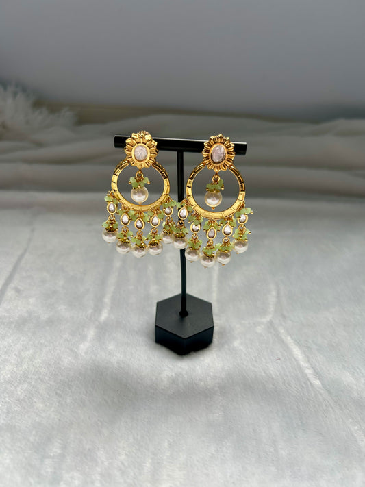 Mint Green Gold Crafted Chandbali Earrings
