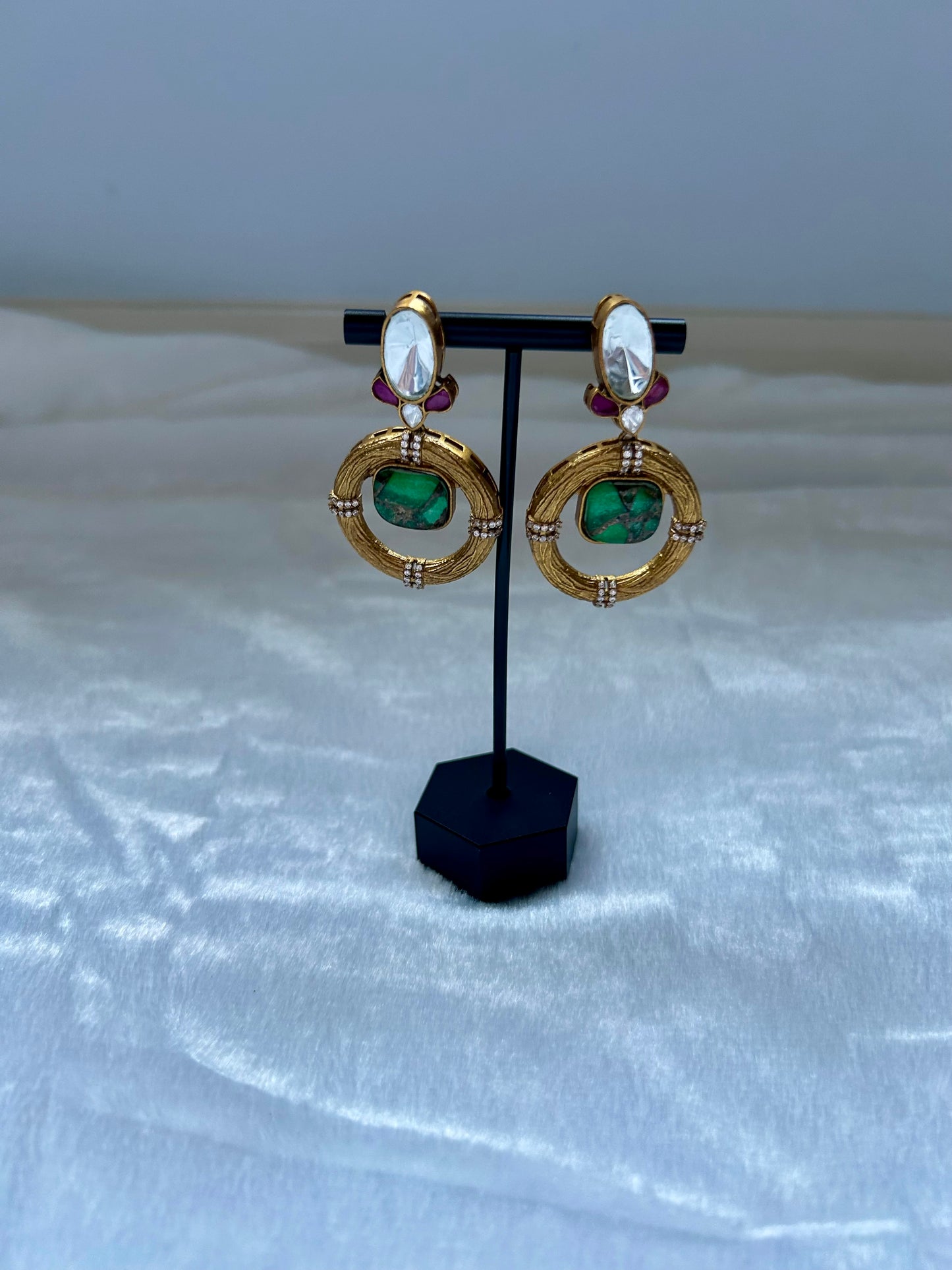 Emerald Green/Teal Marble Uncut Kundan Earrings