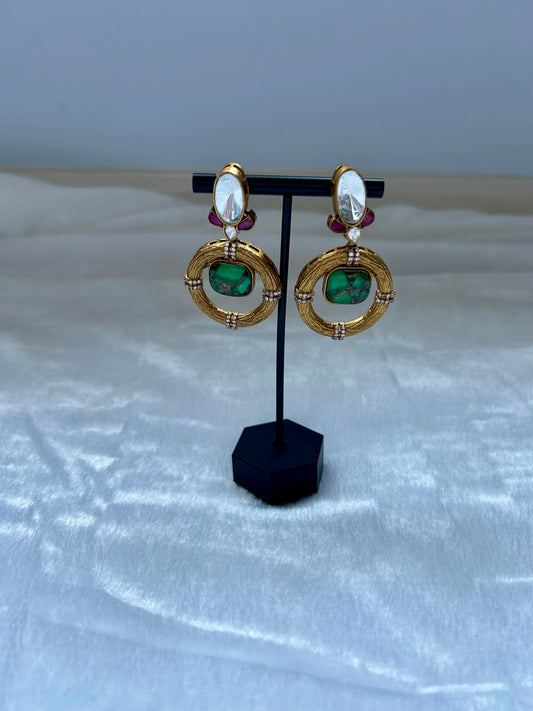 Emerald Green/Teal Marble Uncut Kundan Earrings