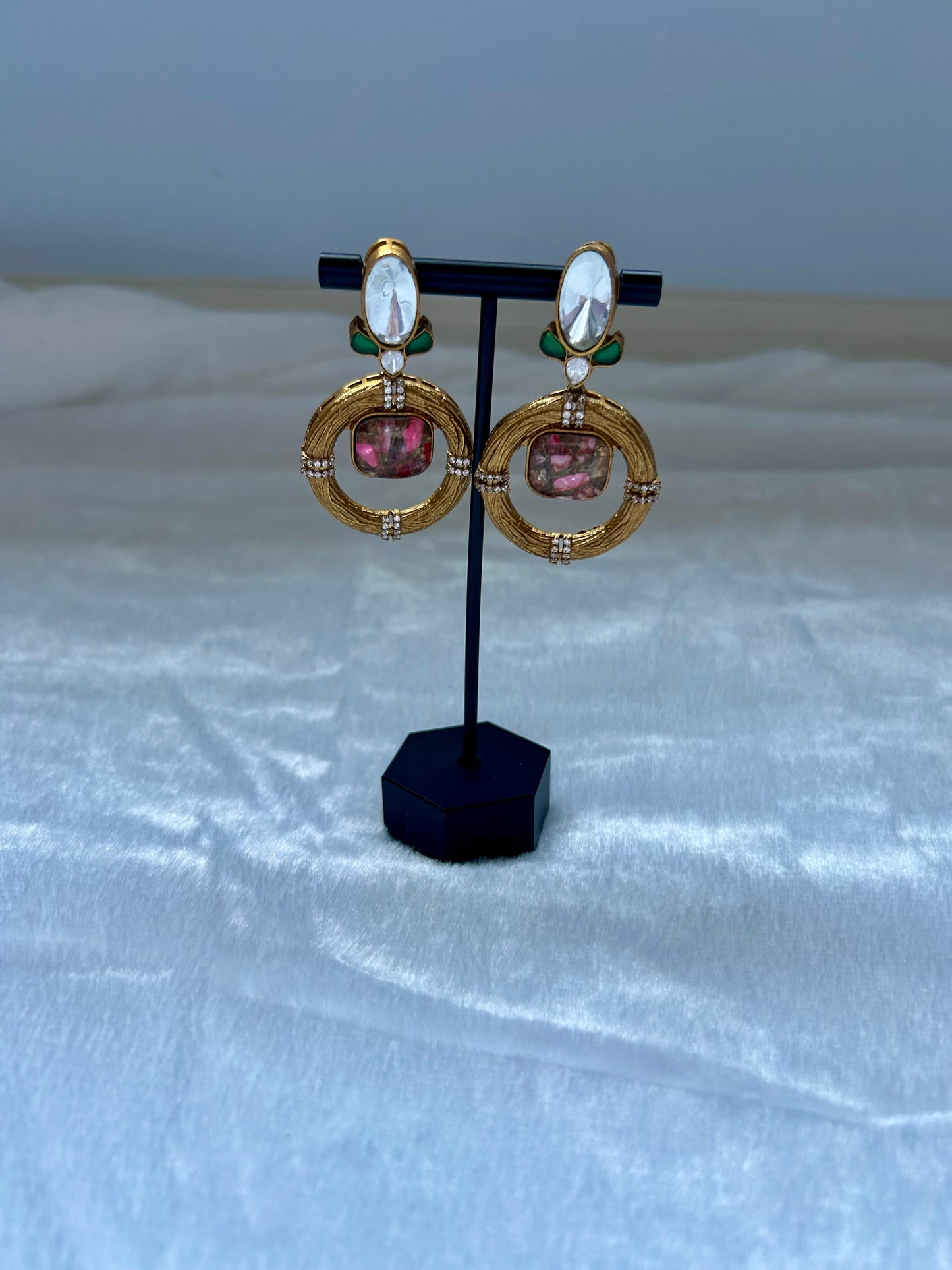 Pink Marble Uncut Kundan Earrings