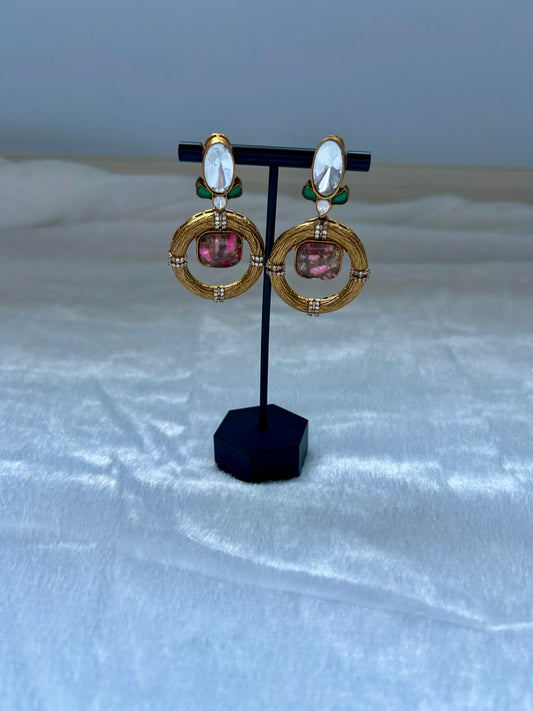 Pink Marble Uncut Kundan Earrings