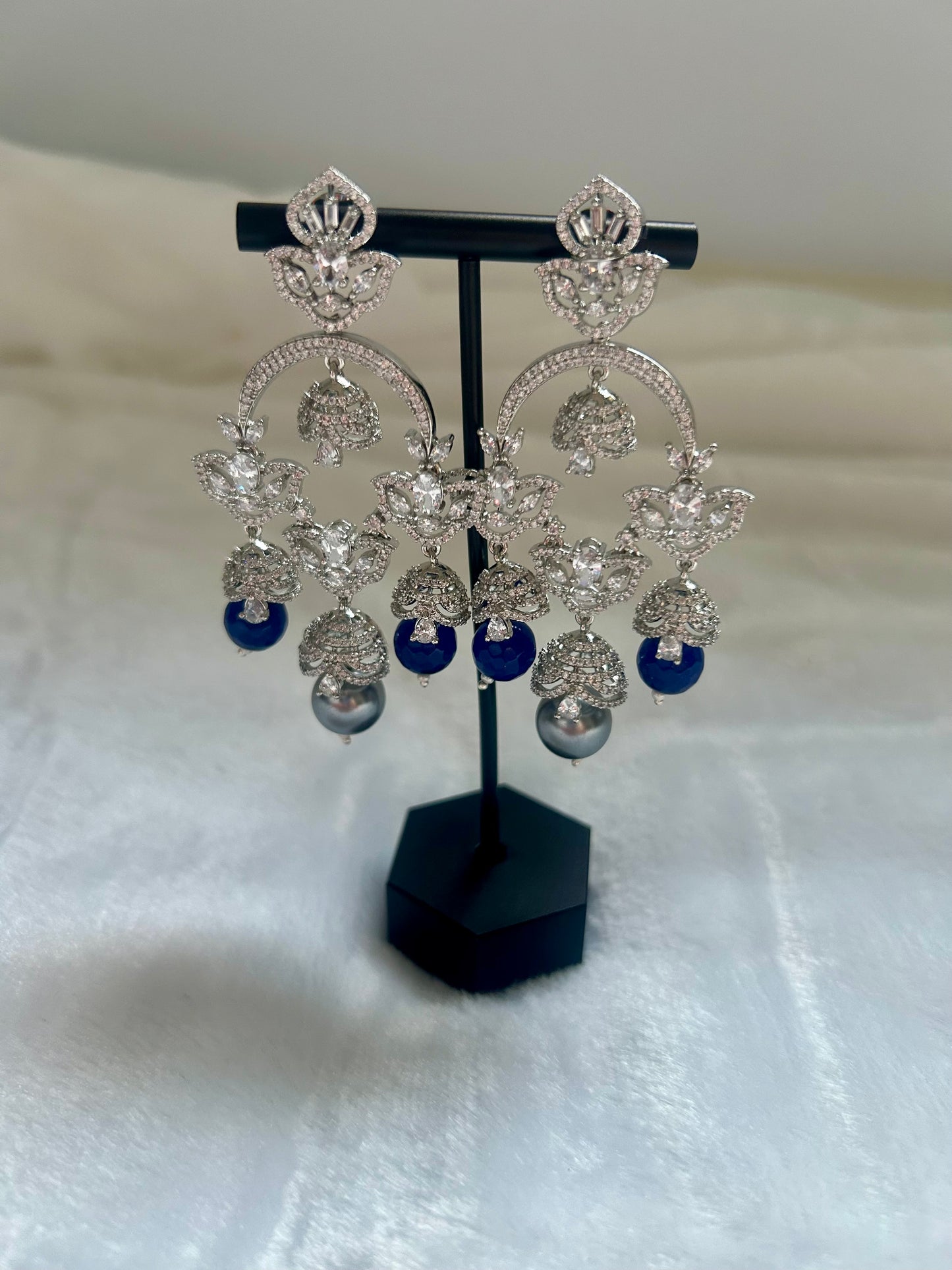 Grey & Dark Blue Chandbali Earrings