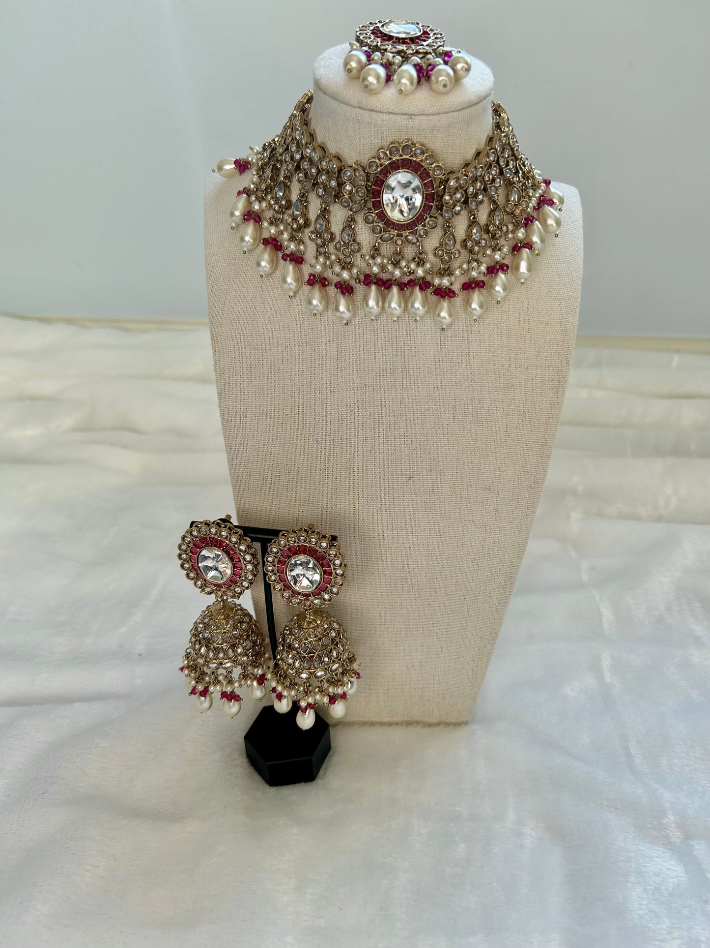 Dark Red/Pink Kundan Choker Tikka Set