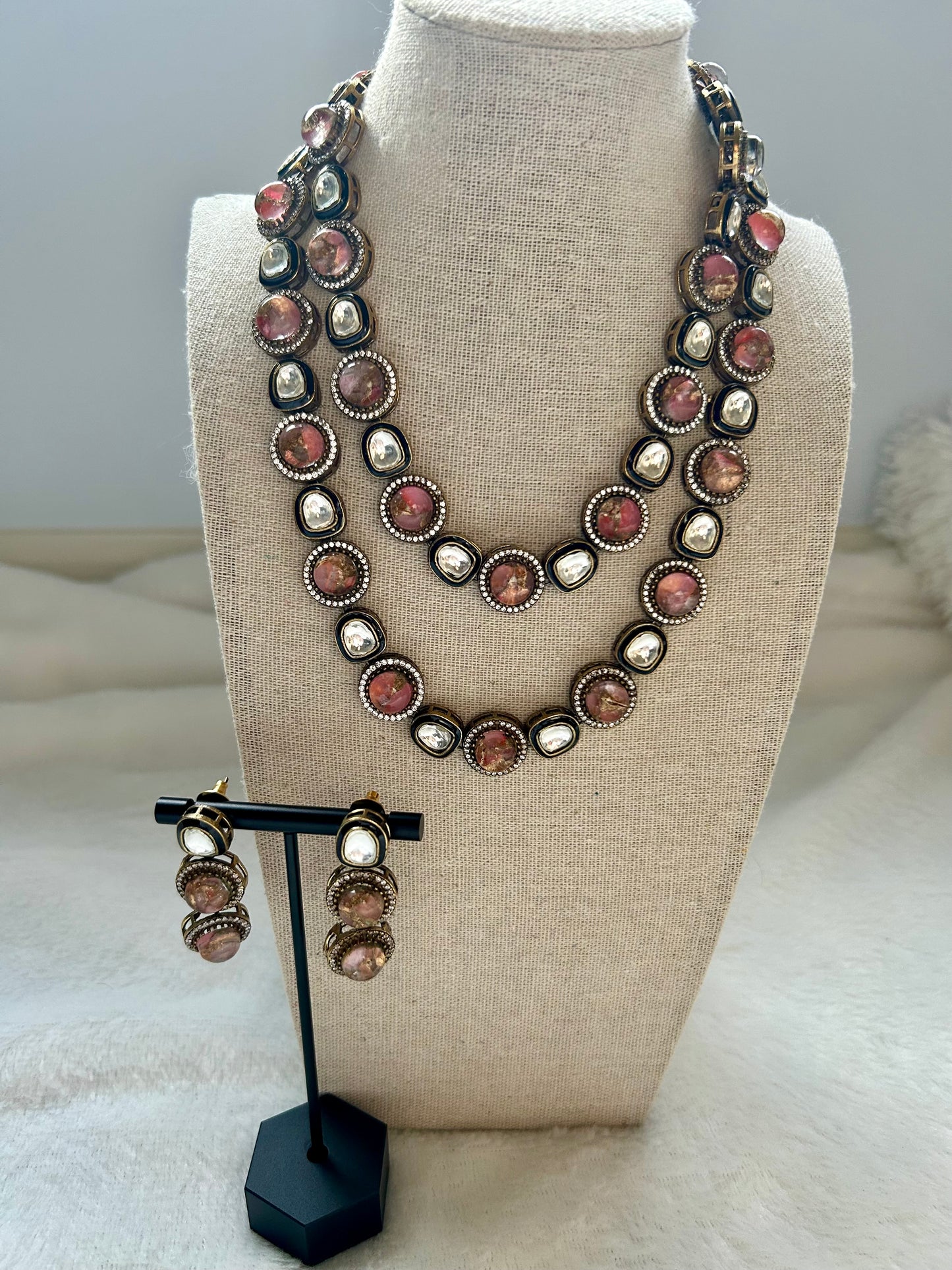 Pink Orange Marble Kundan Layered Set