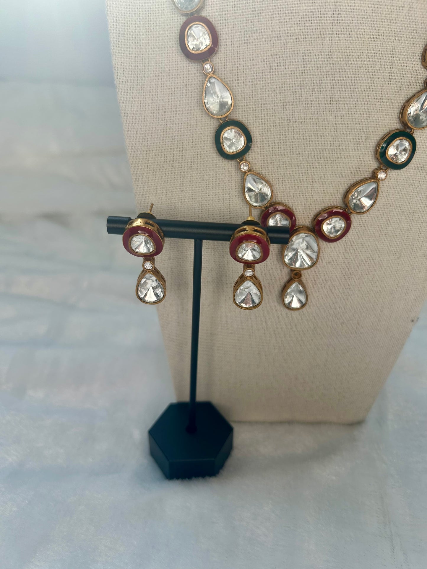 Green & Red Uncut Kundan Necklace Set
