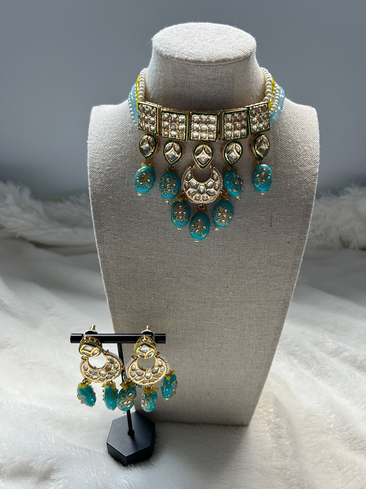 Blue and Yellow Kundan Choker Set