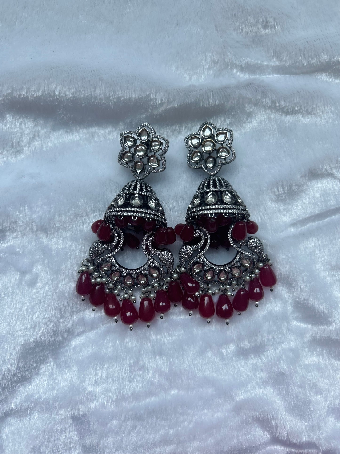 AD & Uncut Kundan Red Jhumki Earrings