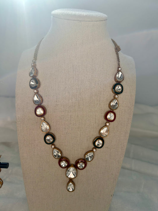 Green & Red Uncut Kundan Necklace Set