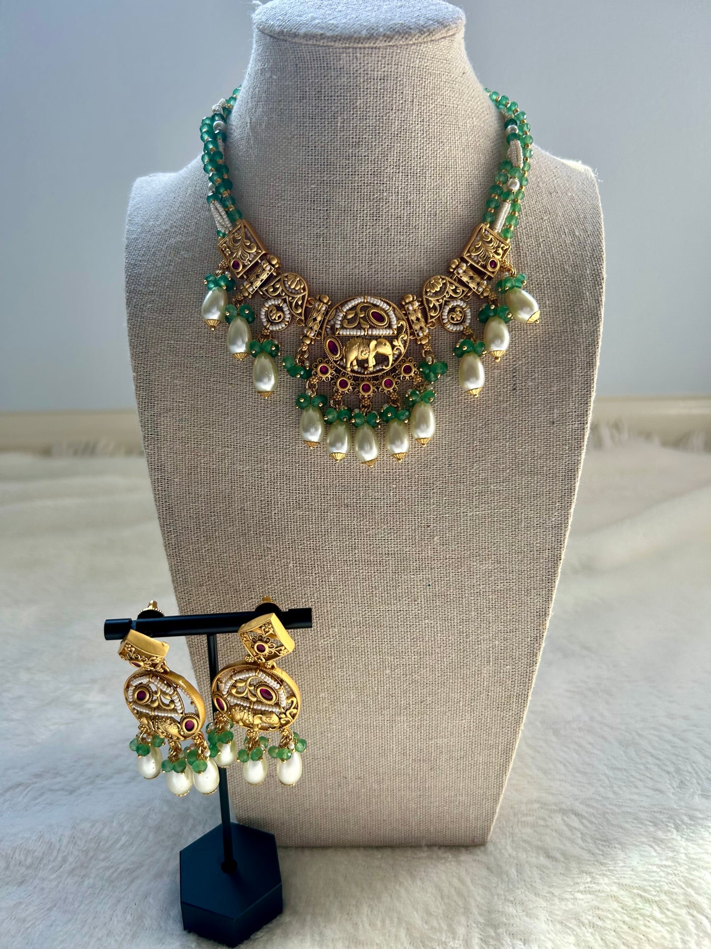 Rajwadi Work Green & Red Necklace Set