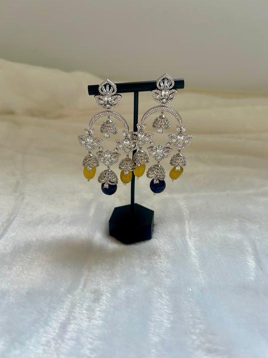 Yellow & Dark Blue Chandbali Earrings