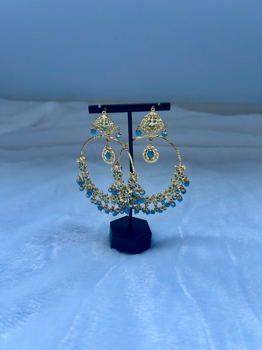Ferozi Blue Jadau Kundan Earrings