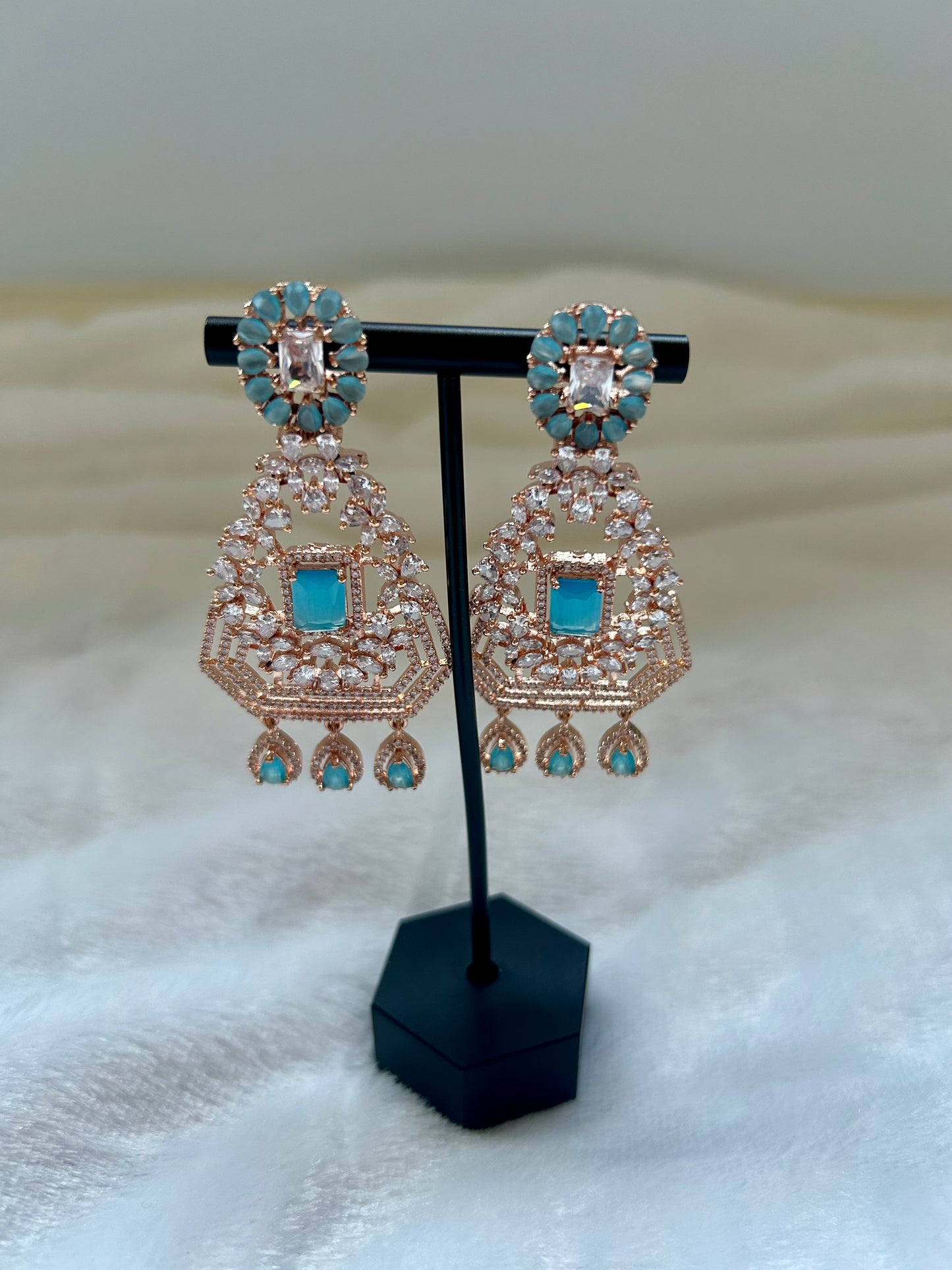 Rose Gold & Ferozi Blue AD Earrings