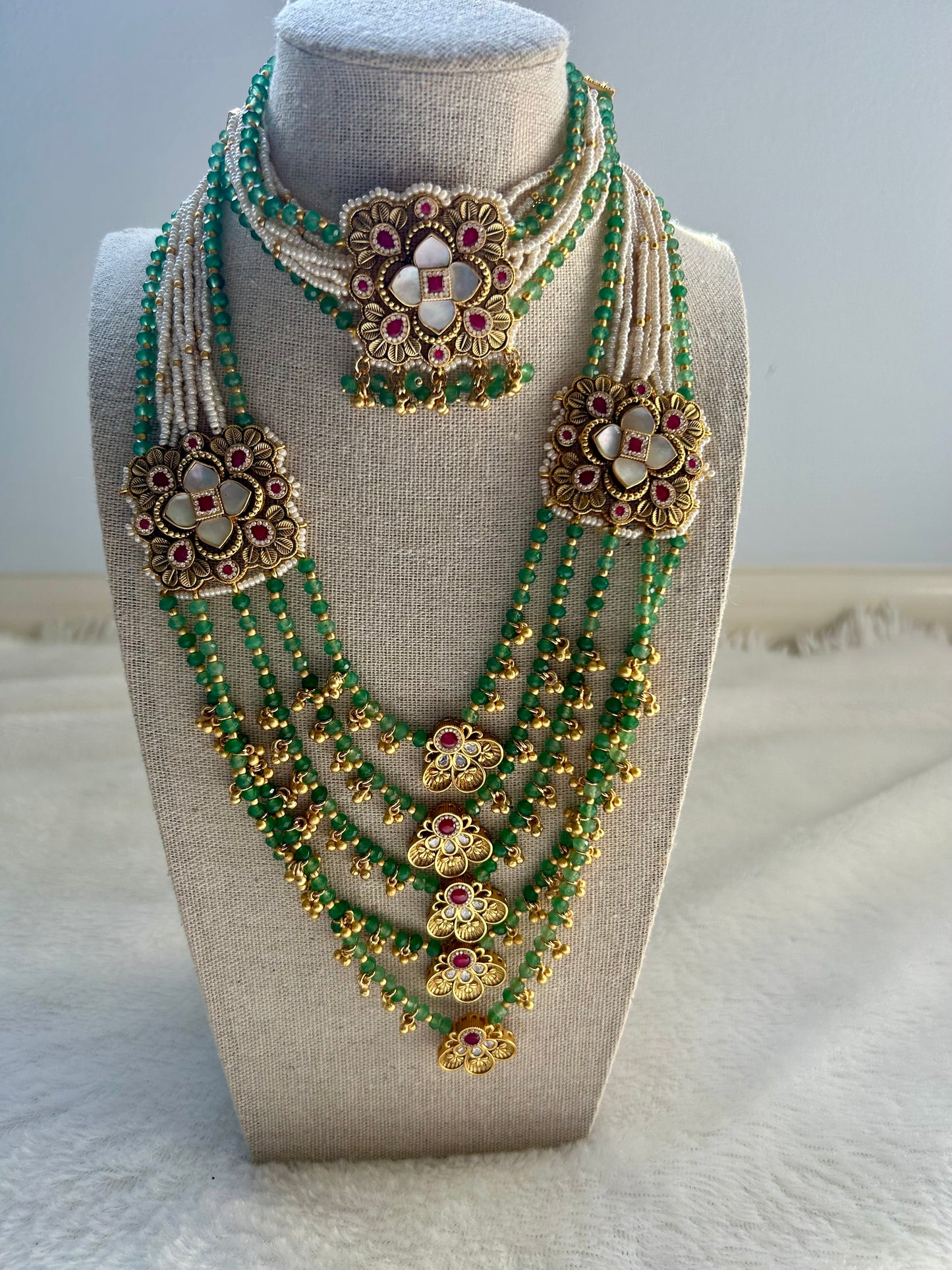 Rajwadi Work Green & Red Necklace Set