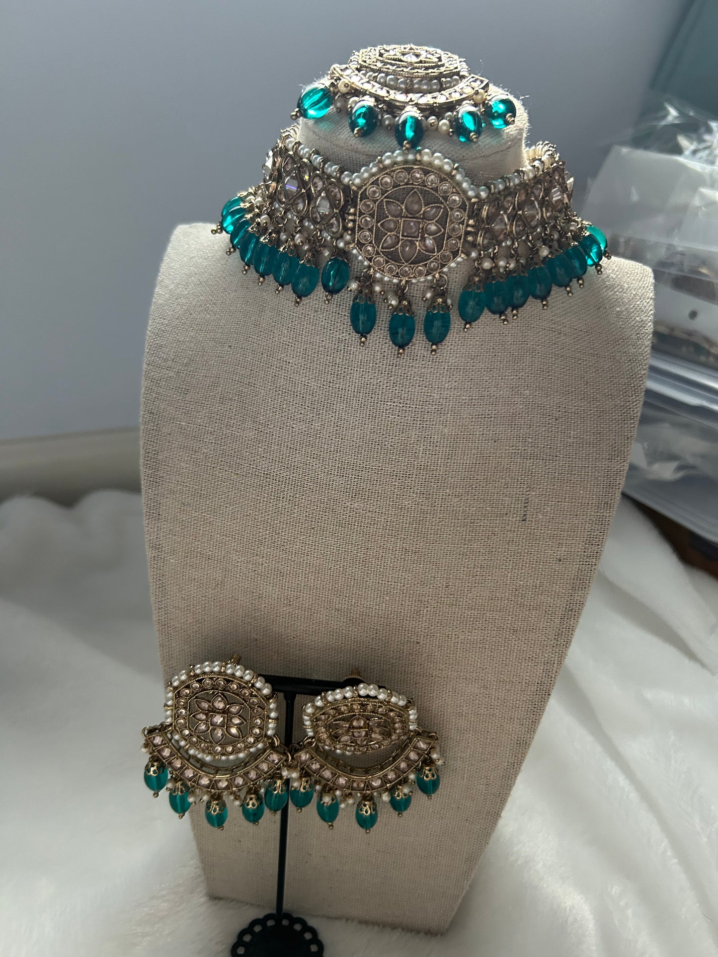 Teal Polki Choker Tikka Set