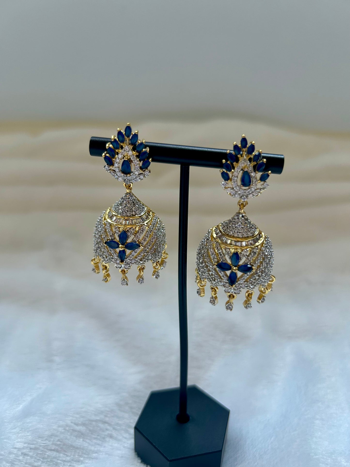 AD Royal Blue & Gold Jhumki Earrings