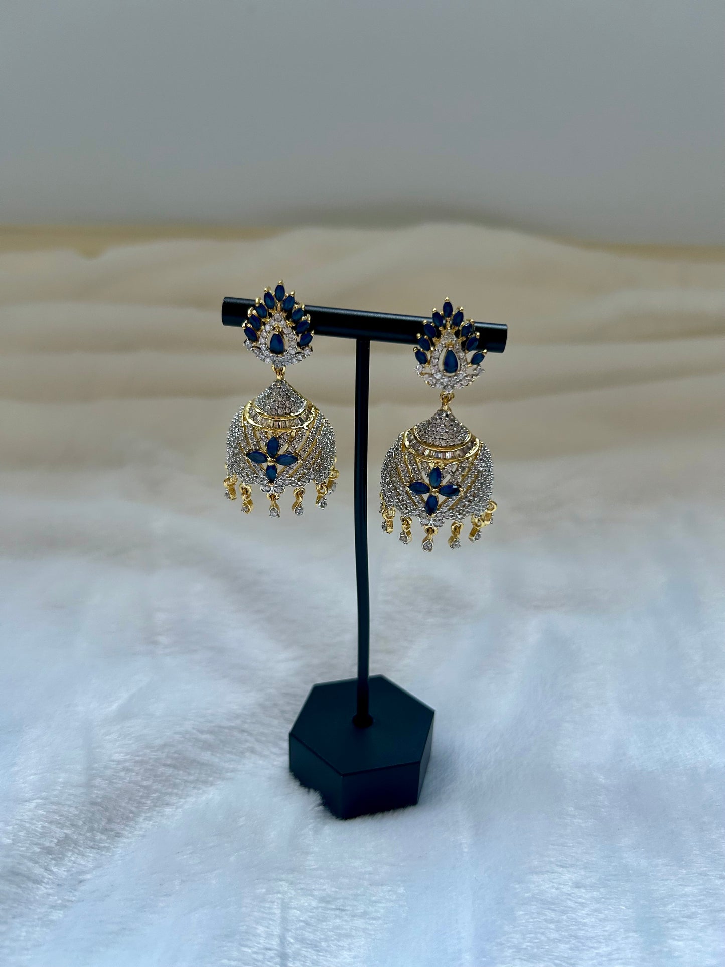 AD Royal Blue & Gold Jhumki Earrings