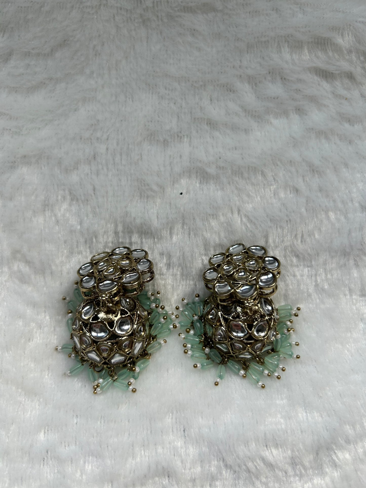 Mint Kundan Jhumka Earrings